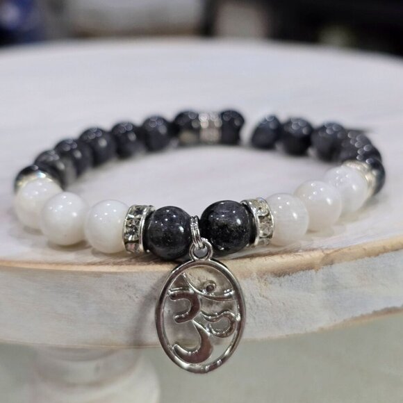 Black Labradorite & Rainbow Moonstone Beaded Bracelet – Silver Om Charm 8mm - Picture 9 of 10